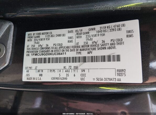 1FMCU9GD0KUC06411 2019 FORD ESCAPE Серый Вид подкапотного пространства