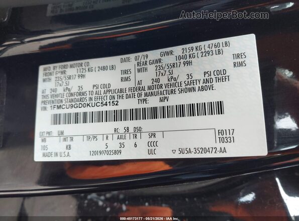1FMCU9GD0KUC54152 2019 FORD ESCAPE Black 