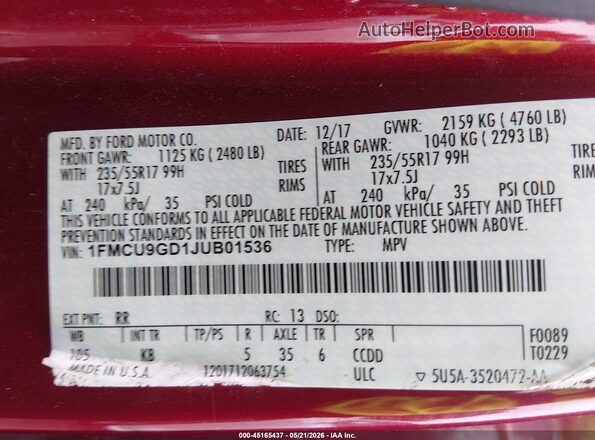 1FMCU9GD1JUB01536 2018 FORD ESCAPE Red Engine compartment view