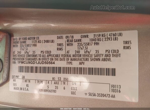 1FMCU9GD1JUD50564 2018 FORD ESCAPE Beige Engine compartment view
