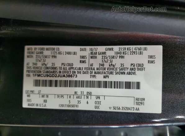 1FMCU9GD2JUA38673 2018 FORD ESCAPE Gray 