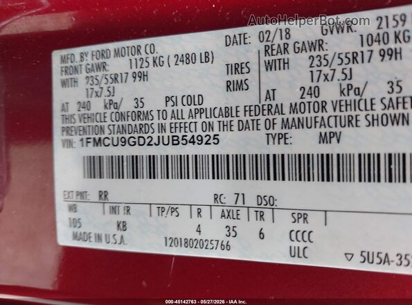 1FMCU9GD2JUB54925 2018 FORD ESCAPE Red Շարժիչի բաժամունքի տեսք