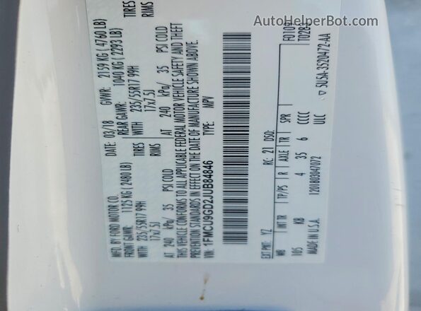 1FMCU9GD2JUB84846 2018 FORD ESCAPE White 