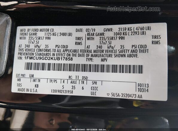 1FMCU9GD2KUB17858 2019 FORD ESCAPE Черный Вид подкапотного пространства