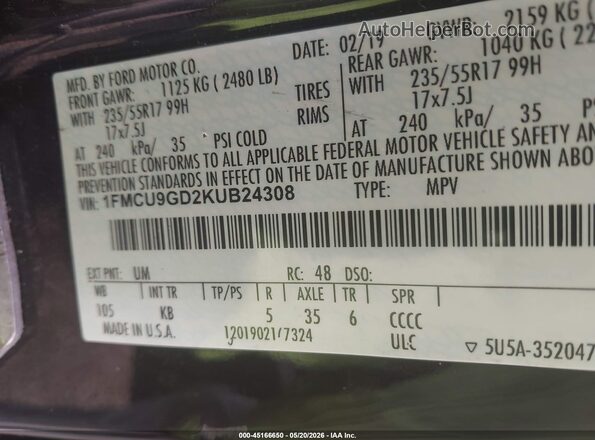1FMCU9GD2KUB24308 2019 FORD ESCAPE Black Շարժիչի բաժամունքի տեսք
