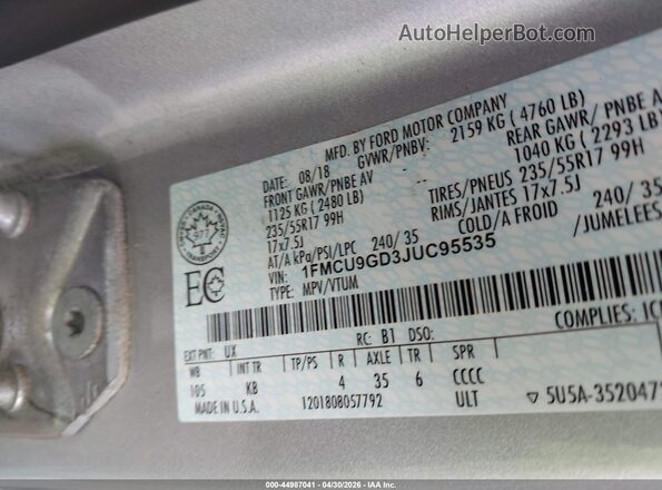 1FMCU9GD3JUC95535 2018 FORD ESCAPE Серебряный 