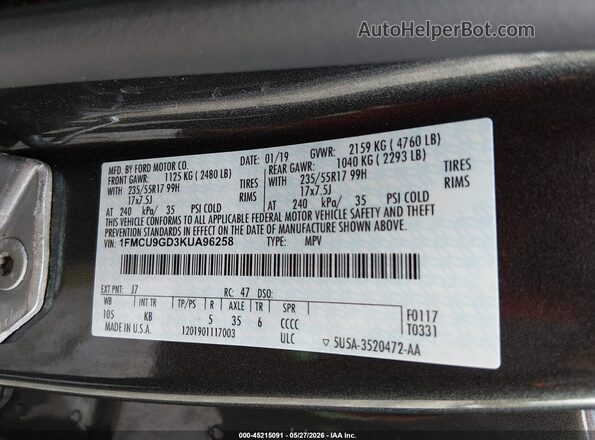1FMCU9GD3KUA96258 2019 FORD ESCAPE Gray Вид підкапотного простору