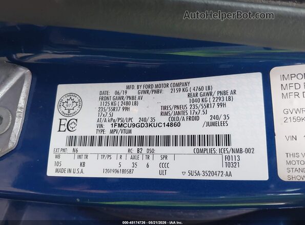 1FMCU9GD3KUC14860 2019 FORD ESCAPE Blue Widok komory silnika