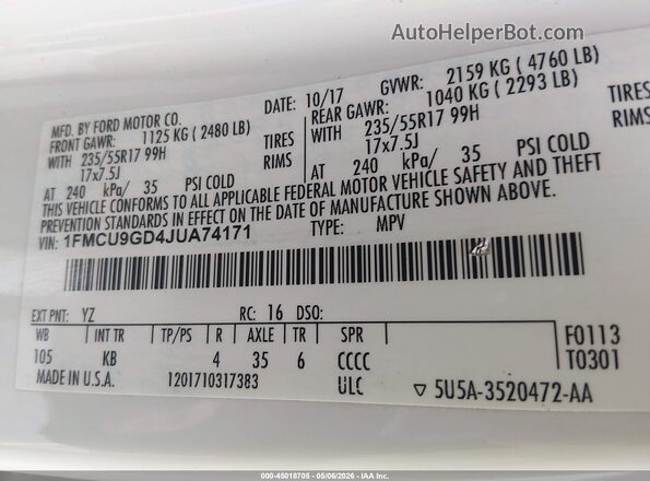 1FMCU9GD4JUA74171 2018 FORD ESCAPE Белый 