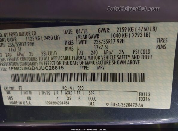 1FMCU9GD4JUC28815 2018 FORD ESCAPE Blue Vista del compartimento del motor