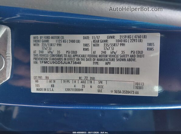 1FMCU9GD5JUA73840 2018 FORD ESCAPE Синий Вид подкапотного пространства