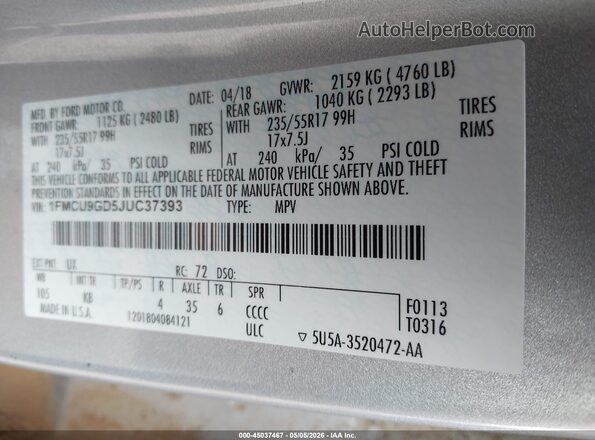 1FMCU9GD5JUC37393 2018 FORD ESCAPE Gray Widok komory silnika