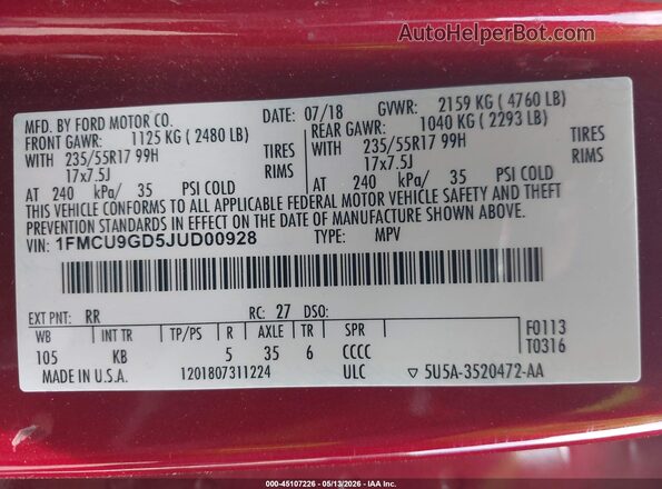 1FMCU9GD5JUD00928 2018 FORD ESCAPE Red 