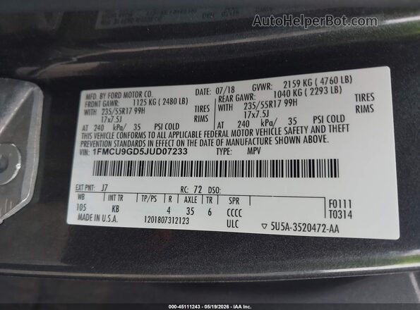 1FMCU9GD5JUD07233 2018 FORD ESCAPE Gray Widok komory silnika