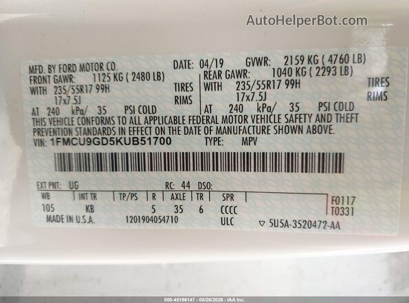 1FMCU9GD5KUB51700 2019 FORD ESCAPE White Вид підкапотного простору