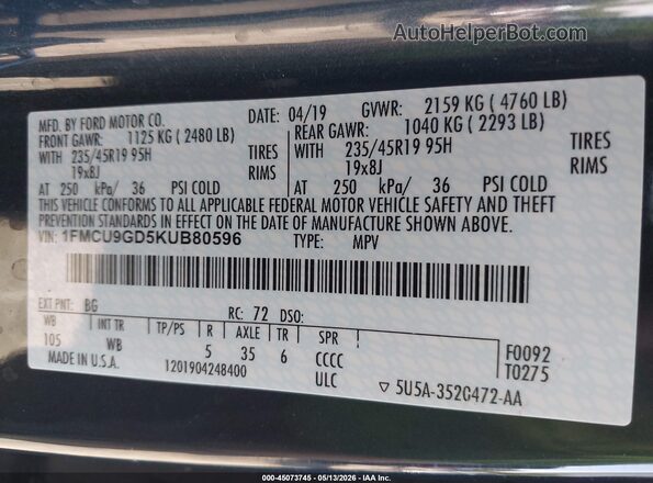 1FMCU9GD5KUB80596 2019 FORD ESCAPE Gray ძრავის განყოფილების ხედი