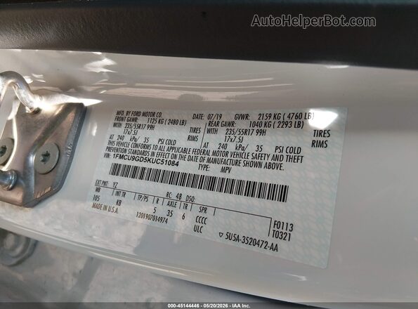 1FMCU9GD5KUC51084 2019 FORD ESCAPE White ძრავის განყოფილების ხედი