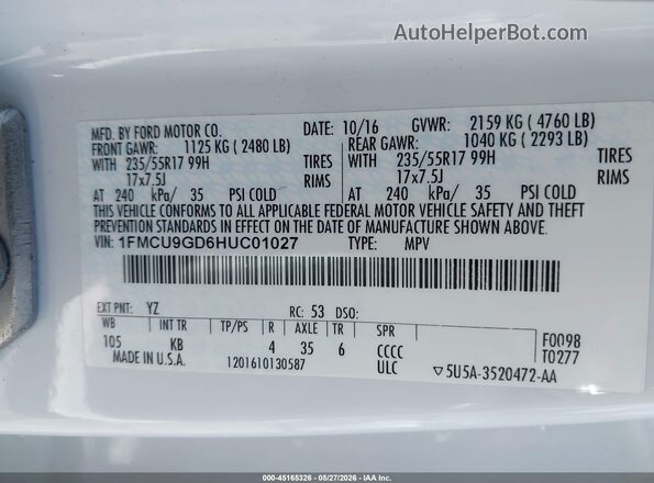 1FMCU9GD6HUC01027 2017 FORD ESCAPE White ძრავის განყოფილების ხედი