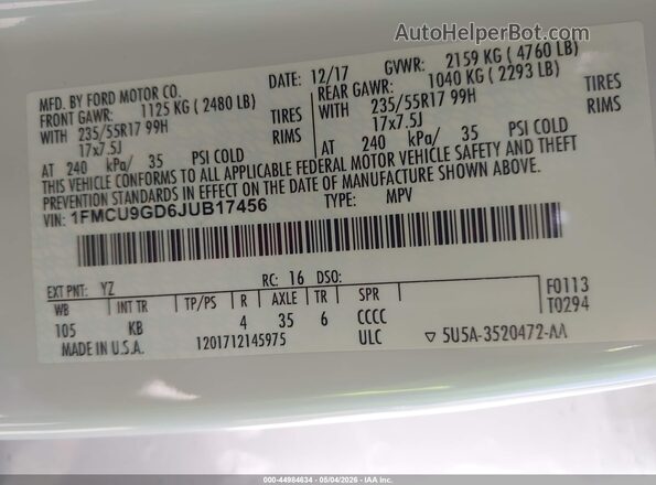 1FMCU9GD6JUB17456 2018 FORD ESCAPE White Շարժիչի բաժամունքի տեսք
