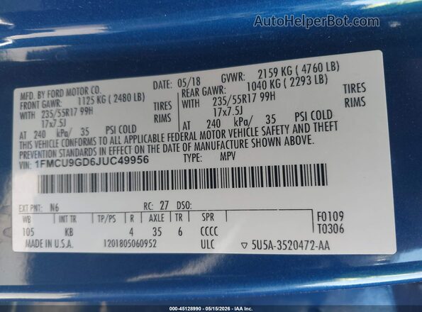 1FMCU9GD6JUC49956 2018 FORD ESCAPE Blue ძრავის განყოფილების ხედი