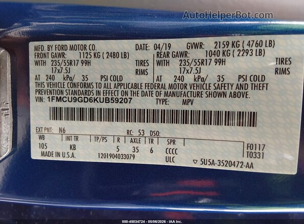 1FMCU9GD6KUB59207 2019 FORD ESCAPE Blue Вид підкапотного простору