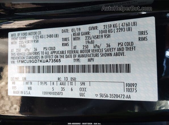 1FMCU9GD7KUA73565 2019 FORD ESCAPE Black 