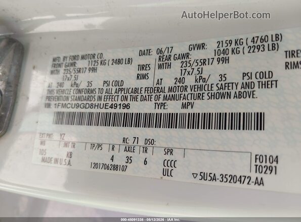 1FMCU9GD8HUE49196 2017 FORD ESCAPE Белый Вид подкапотного пространства