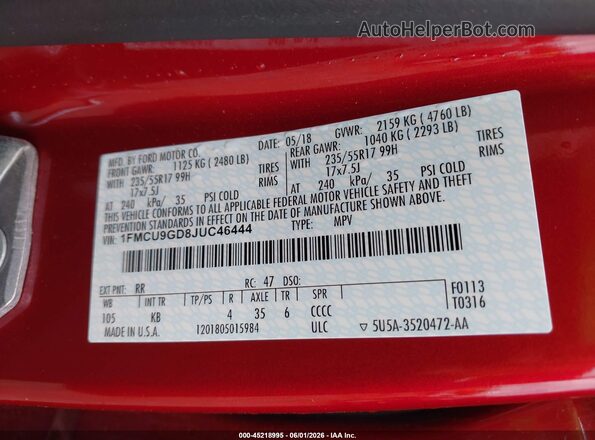 1FMCU9GD8JUC46444 2018 FORD ESCAPE Red Շարժիչի բաժամունքի տեսք