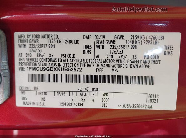 1FMCU9GDXKUB53572 2019 FORD ESCAPE Red Вид підкапотного простору
