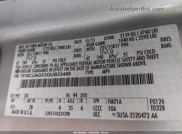 1FMCU9GX3GUB33486 2016 FORD ESCAPE Silver Շարժիչի բաժամունքի տեսք