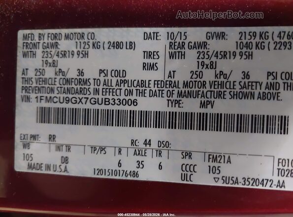 1FMCU9GX7GUB33006 2016 FORD ESCAPE Burgundy Vista del compartimento del motor