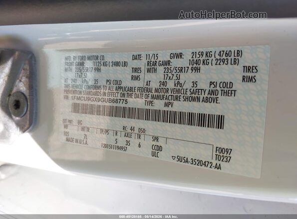 1FMCU9GX9GUB68775 2016 FORD ESCAPE White 