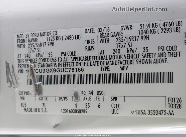1FMCU9GX9GUC76166 2016 FORD ESCAPE Белый Вид подкапотного пространства