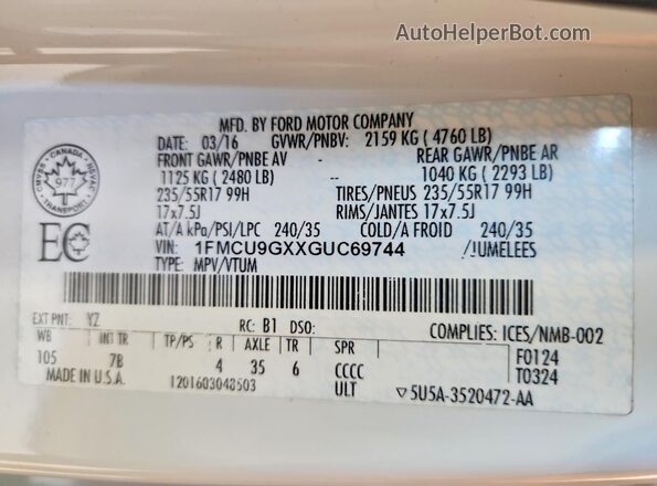 1FMCU9GXXGUC69744 2016 FORD ESCAPE Белый 