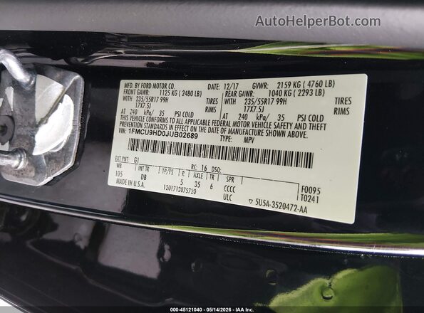 1FMCU9HD0JUB02689 2018 FORD ESCAPE Black Շարժիչի բաժամունքի տեսք