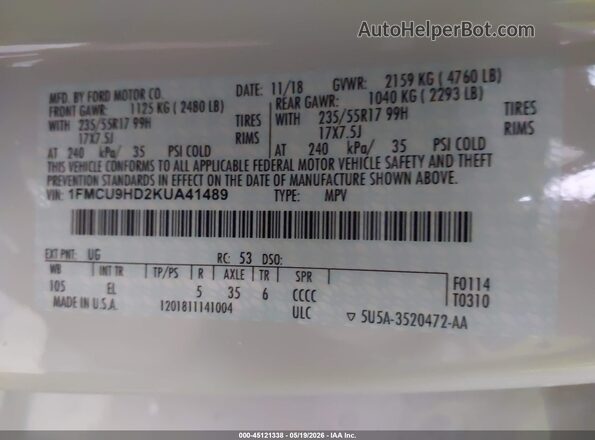 1FMCU9HD2KUA41489 2019 FORD ESCAPE White Շարժիչի բաժամունքի տեսք