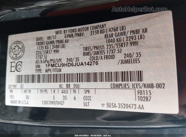 1FMCU9HD6JUA14276 2018 FORD ESCAPE Black Widok komory silnika