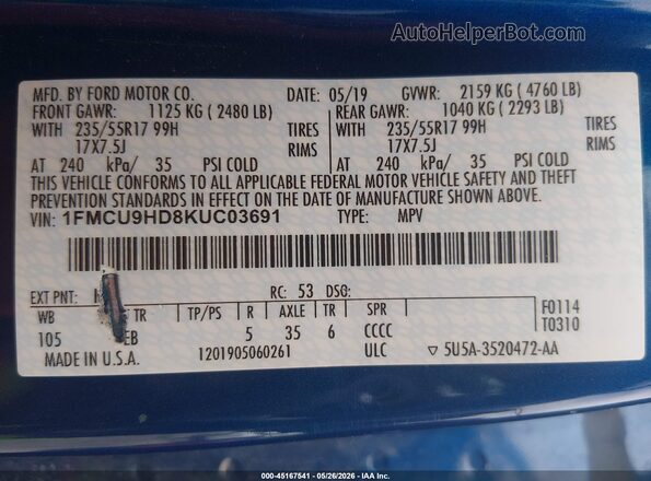 1FMCU9HD8KUC03691 2019 FORD ESCAPE Blue Engine compartment view