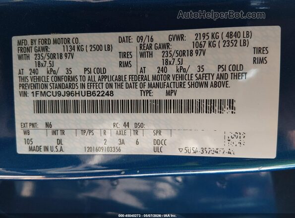 1FMCU9J96HUB62248 2017 FORD ESCAPE Blue 