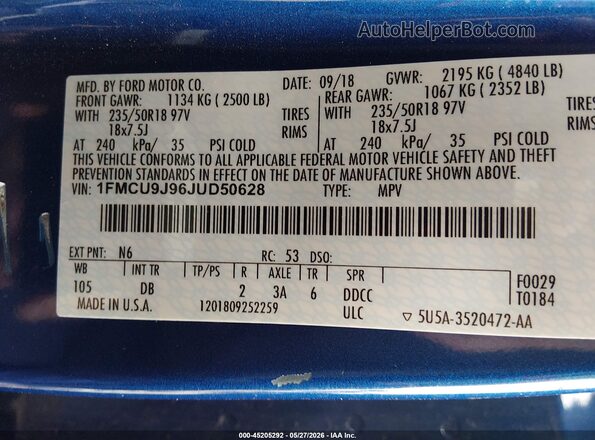 1FMCU9J96JUD50628 2018 FORD ESCAPE Blue 