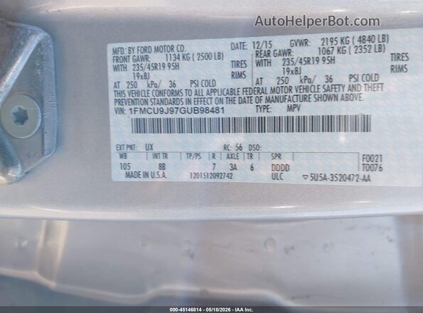 1FMCU9J97GUB98481 2016 FORD ESCAPE Silver Vista del compartimento del motor