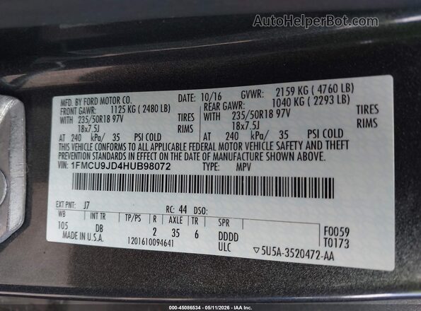 1FMCU9JD4HUB98072 2017 FORD ESCAPE Gray ძრავის განყოფილების ხედი