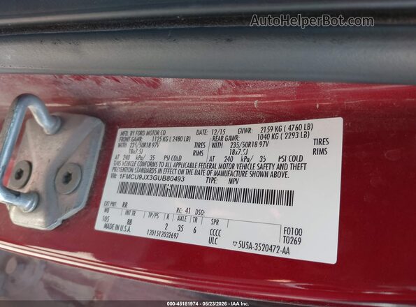 1FMCU9JX3GUB80493 2016 FORD ESCAPE Красный Вид подкапотного пространства