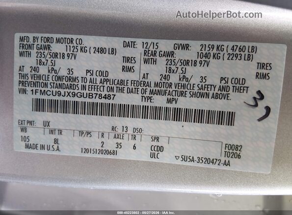 1FMCU9JX9GUB78487 2016 FORD ESCAPE Silver Շարժիչի բաժամունքի տեսք