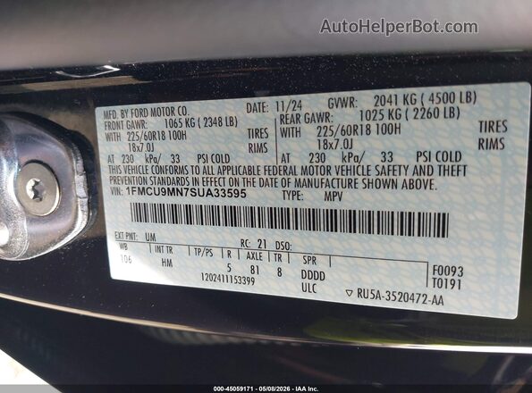 1FMCU9MN7SUA33595 2025 FORD ESCAPE Black Շարժիչի բաժամունքի տեսք