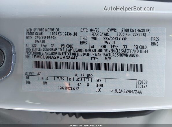 1FMCU9NA2PUA38447 2023 FORD ESCAPE White 