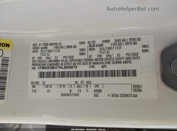 1FMDE5BH7NLB00875 2022 FORD BRONCO White Вид підкапотного простору