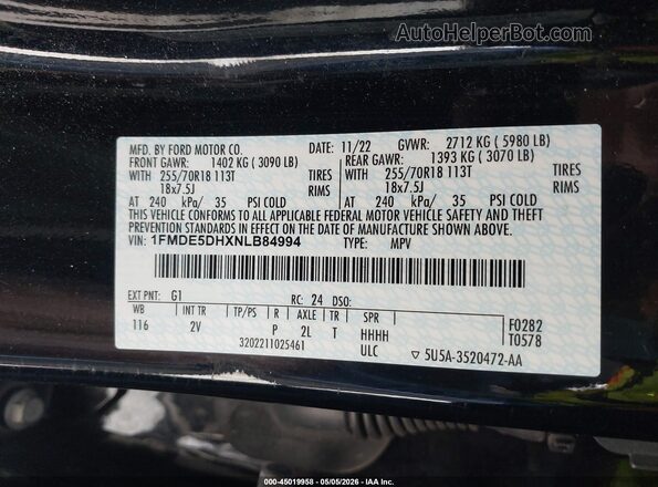 1FMDE5DHXNLB84994 2022 FORD BRONCO Черный Вид подкапотного пространства