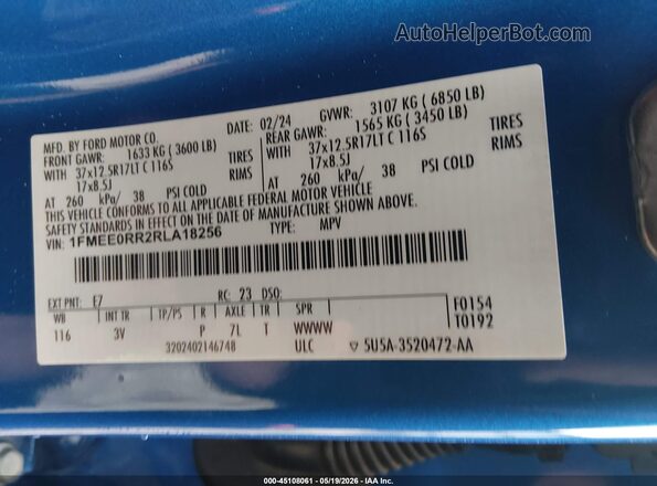 1FMEE0RR2RLA18256 2024 FORD BRONCO Blue Շարժիչի բաժամունքի տեսք