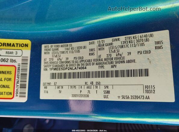 1FMEE5DP2NLA74064 2022 FORD BRONCO Blue Widok komory silnika